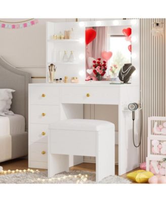 Vanity Desk with Mirror and Lights, Small Makeup Vanity Table with 5 Drawers