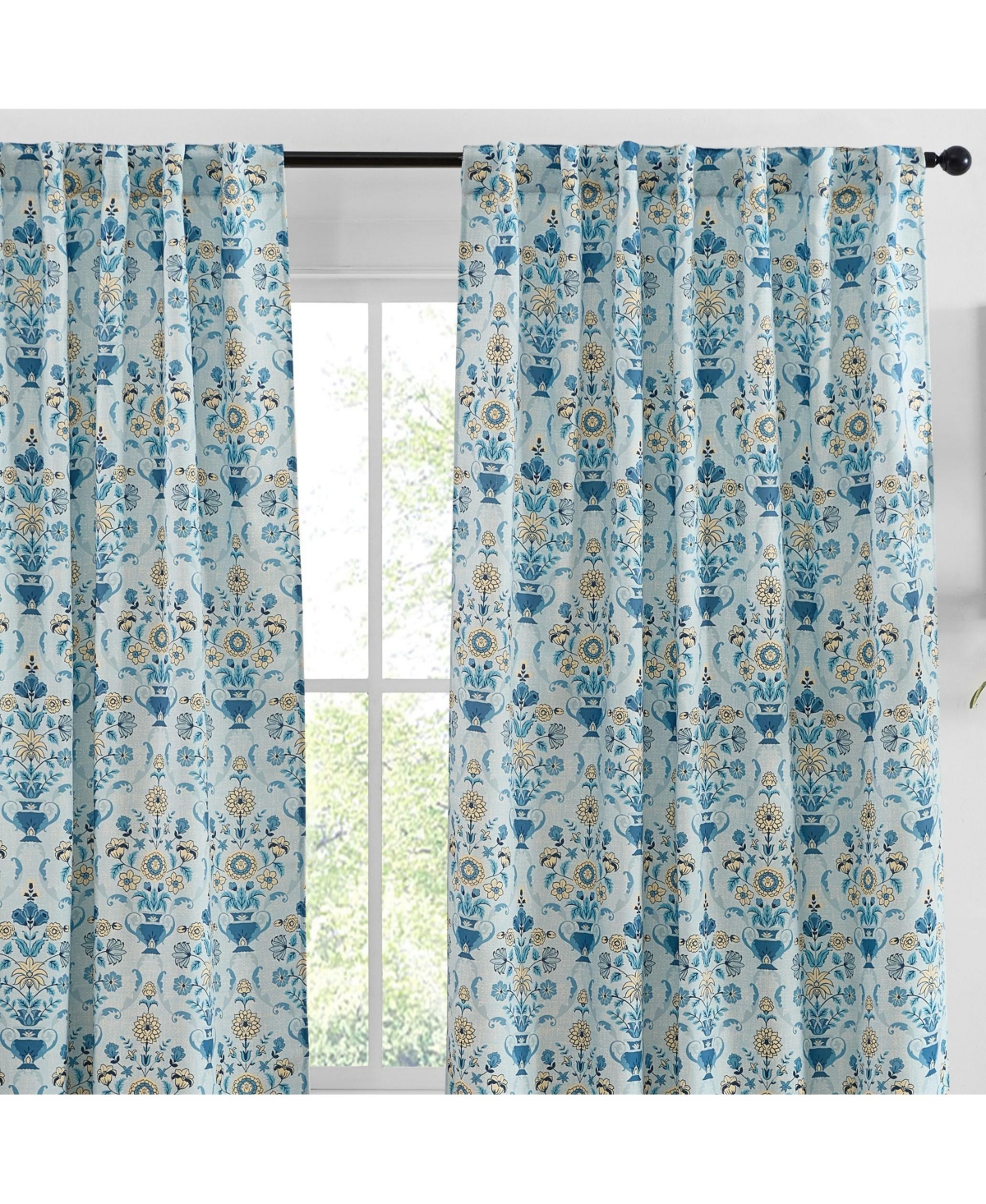 Clara Floral Damask Patterned Window Back Tab Rod Pocket Curtains Bedroom - Light Blocking Darkening Window Panels, Set of 2 (Blue/Yellow, 52 W