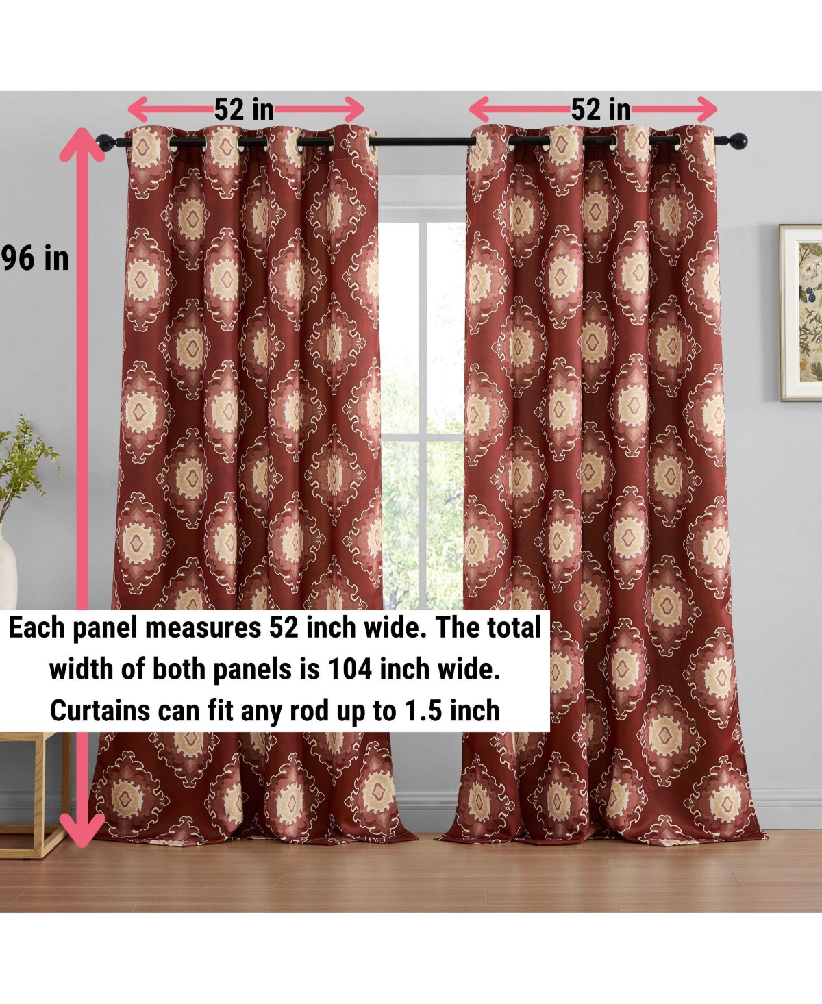 Hlc.me Liam Ogee Ikatt Damask Patterned Window Grommet Curtains Bedroom - Light Blocking Darkening Window Panels, Set of 2 (Spice Red