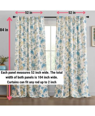 Scarlet Floral & Birds Patterned Back Tab Rod Pocket - Light Blocking Darkening Window Panels, Set of 2 (Grey, 52 W x 84 L)
