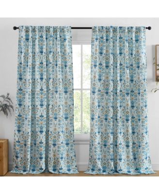 Clara Floral Damask Patterned Window Back Tab Rod Pocket Curtains Bedroom - Light Blocking Darkening Window Panels, Set of 2 (Blue/Yellow, 52 W x 96 L)
