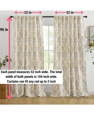 Clara Floral Damask Patterned Window Back Tab Rod Pocket Curtains Bedroom - Light Blocking Darkening Window Panels, Set of 2 (Grey, 52 W x 96 L)