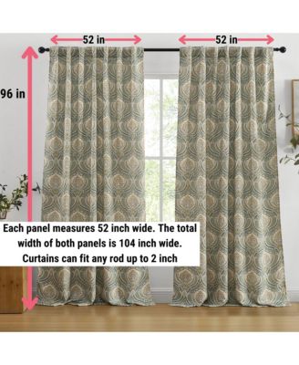 Messina Paisley Damask Patterned Back Tab Rod Pocket Curtains - Light Blocking Darkening Window Panels, Set of 2 (Green/Yellow, 52 W x 96 L)