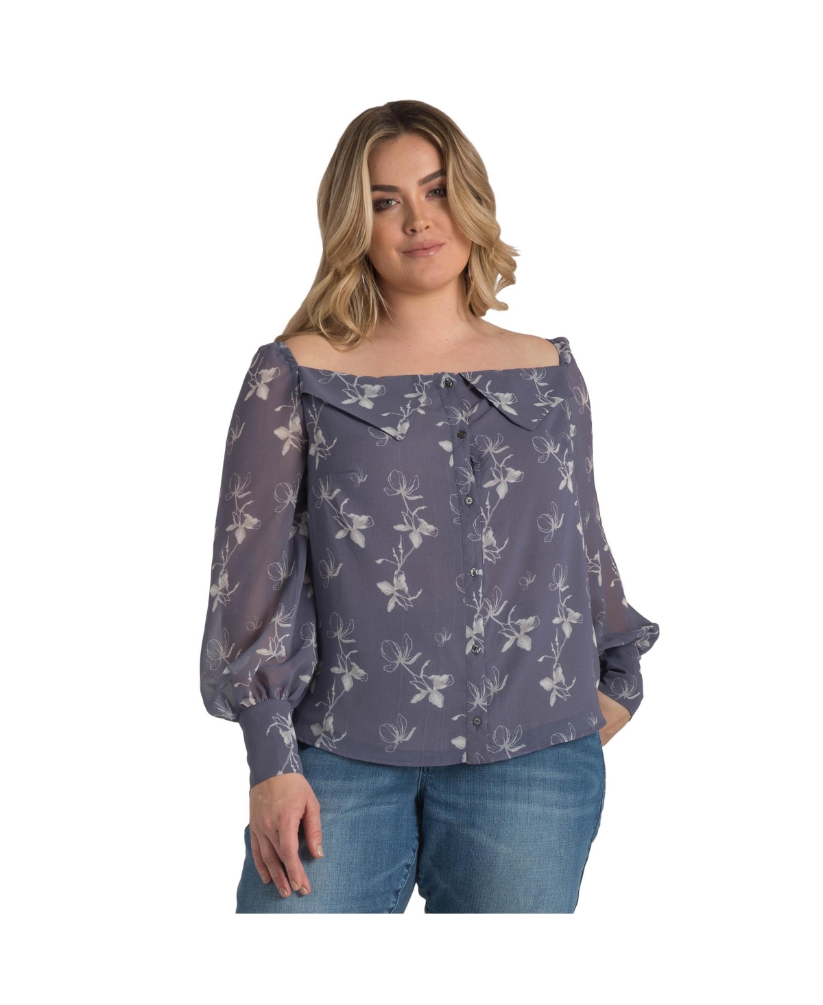 Plus Size Floral Print Long Sleeve Button Down Off-The-Shoulder Blouse - Purple floral