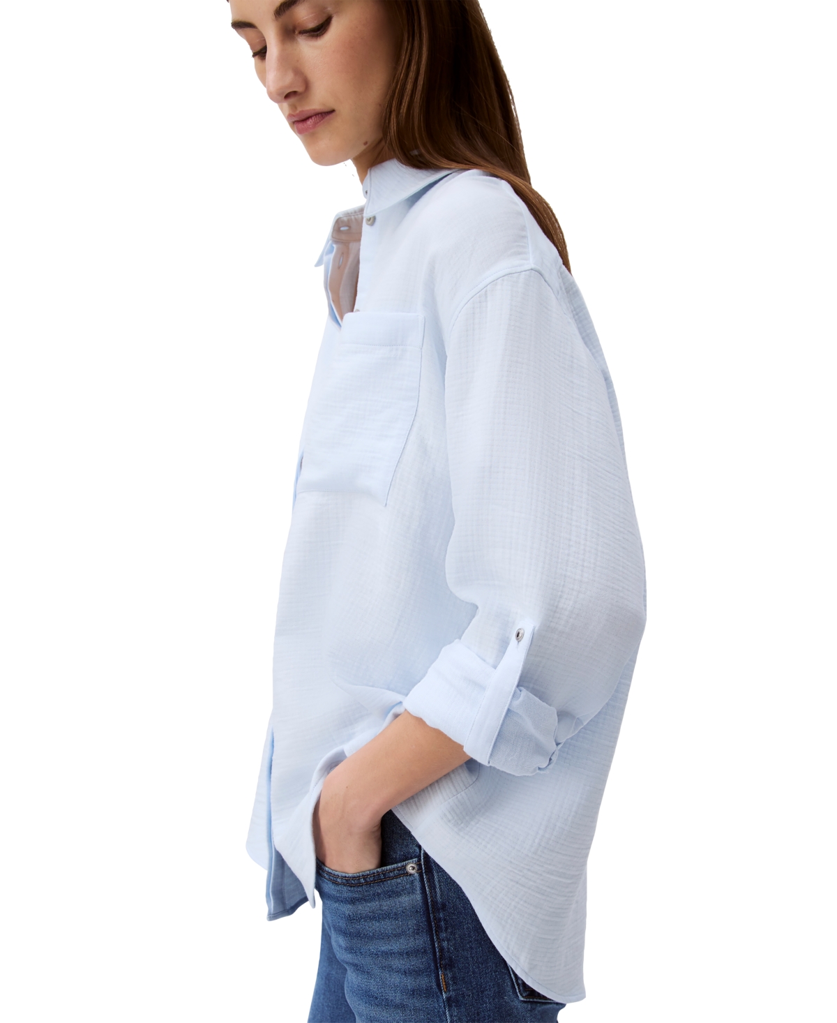Calvin Klein Jeans Est.1978 Women's Double Gauze Roll-tab-sleeve Button-down Shirt In Blue