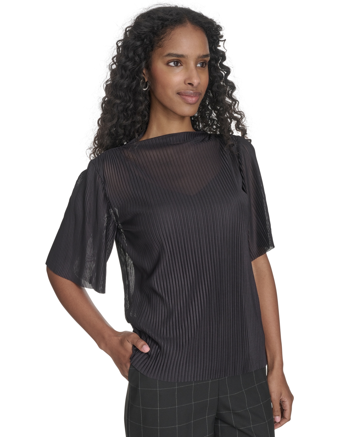 Shop Calvin Klein Women's Mesh Elbow-sleeve High-neck Top In Black