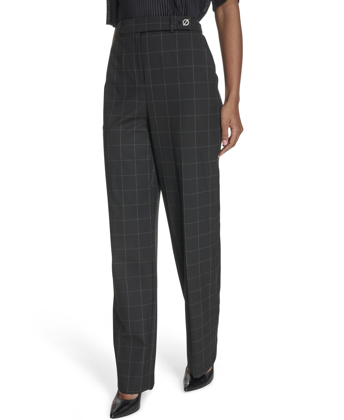 Calvin Klein Plus Size Windowpane Print Wide Leg Pants In Black,cream