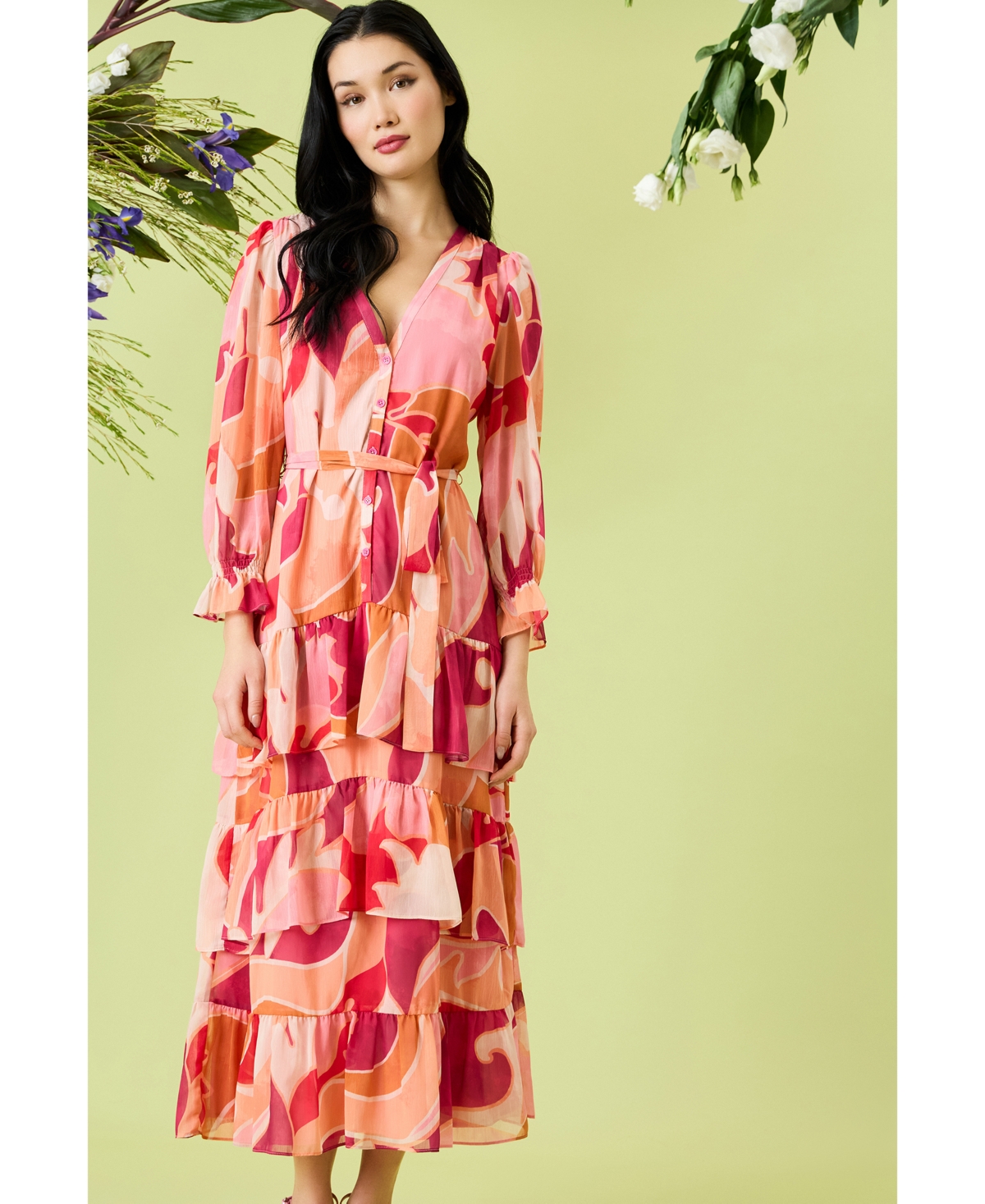Donna Morgan Women's Floral-print Belted Tiered Shirtdress In Cream,magenta