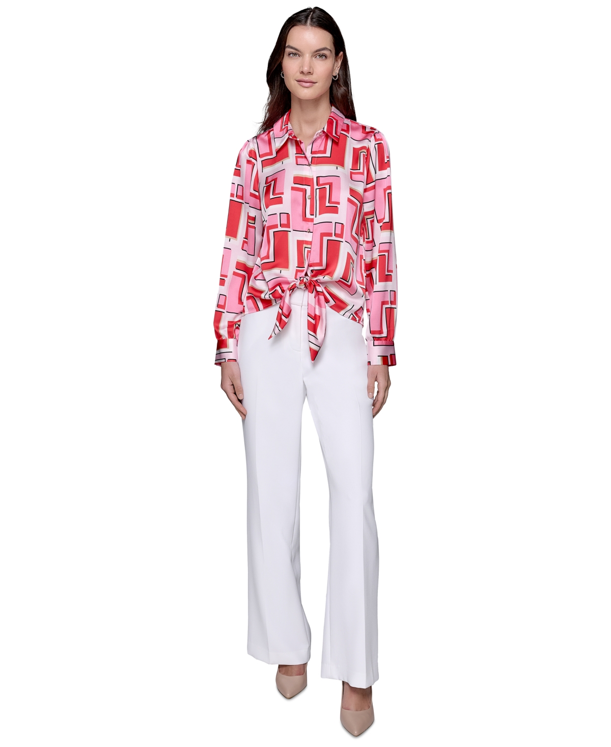Shop Karl Lagerfeld Women's Geo-print Tie-front Top In Parfait Pink