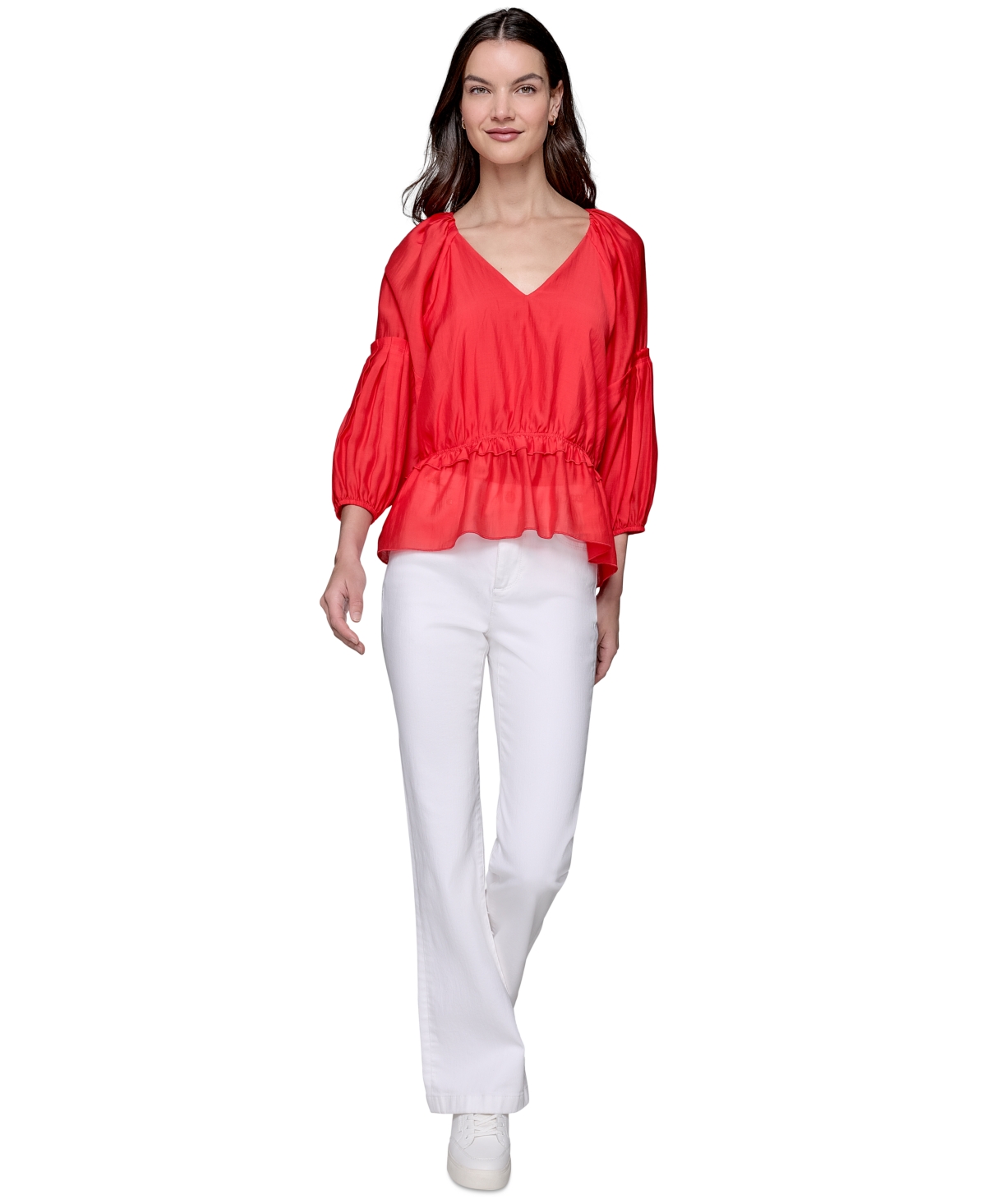 Shop Karl Lagerfeld Petite V-neck Ruffled Peplum Top In Apple Red