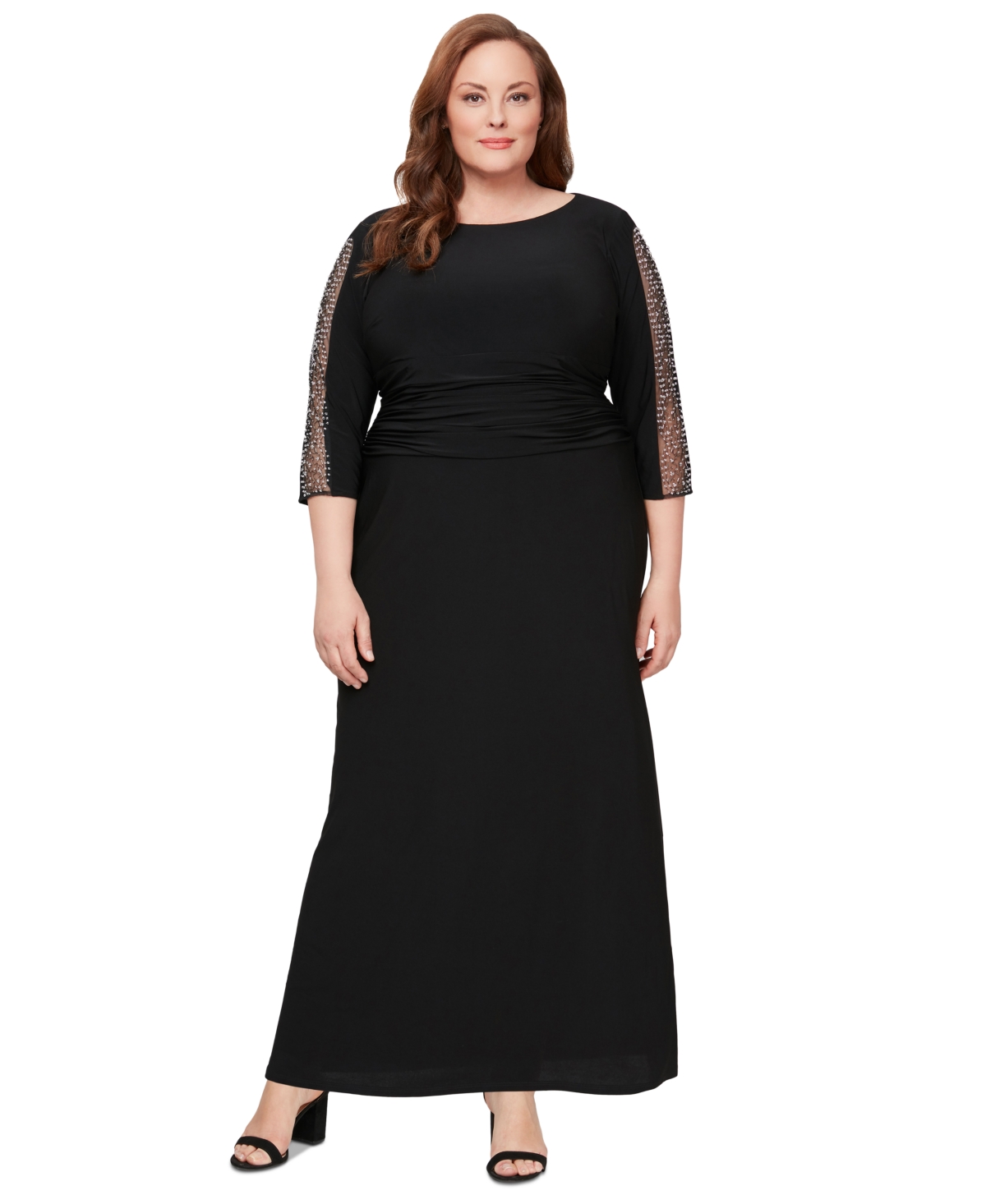 Plus Size Embellished-Sleeve Ruched Gown - Black