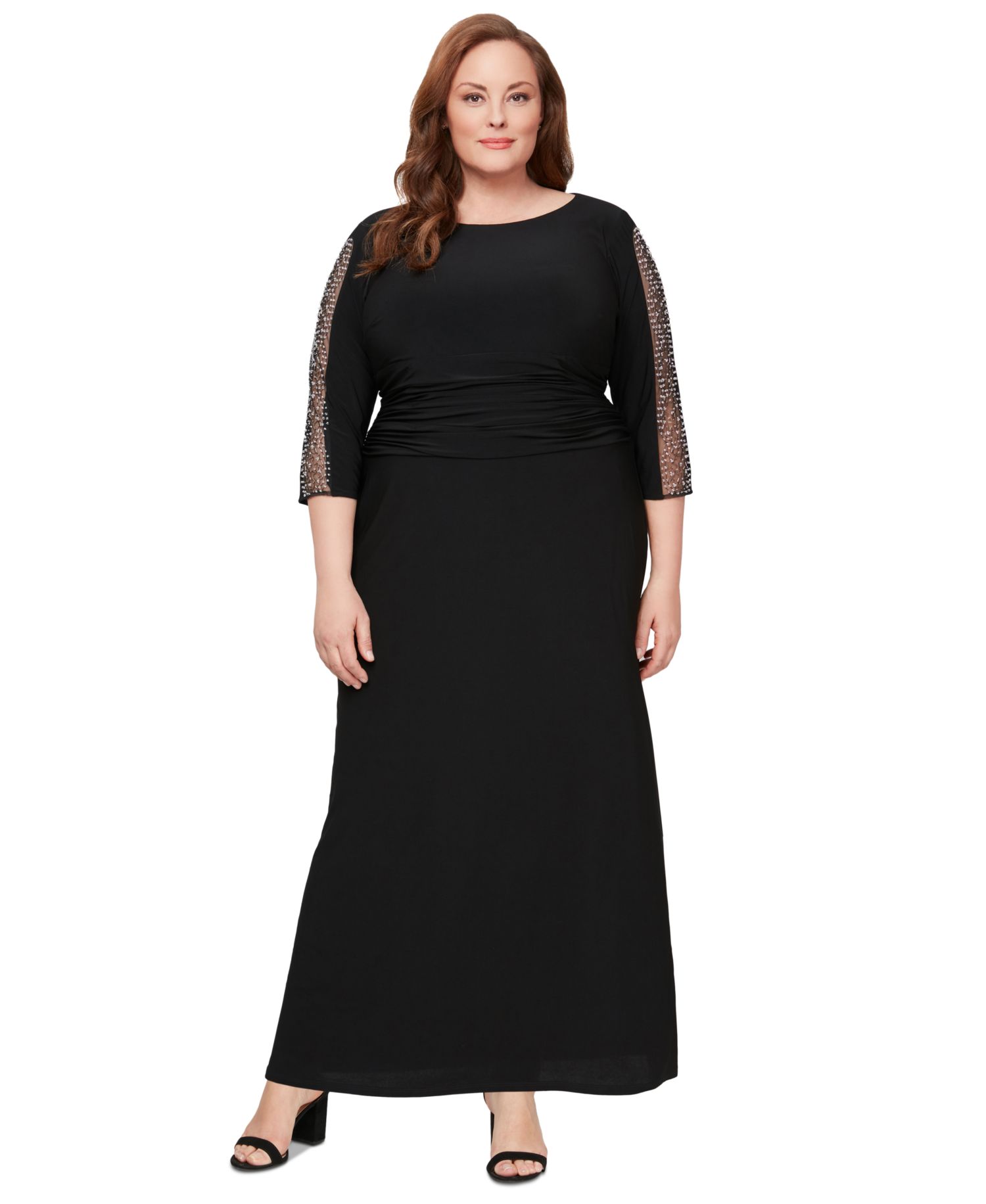 Plus Size Embellished-Sleeve Ruched Gown