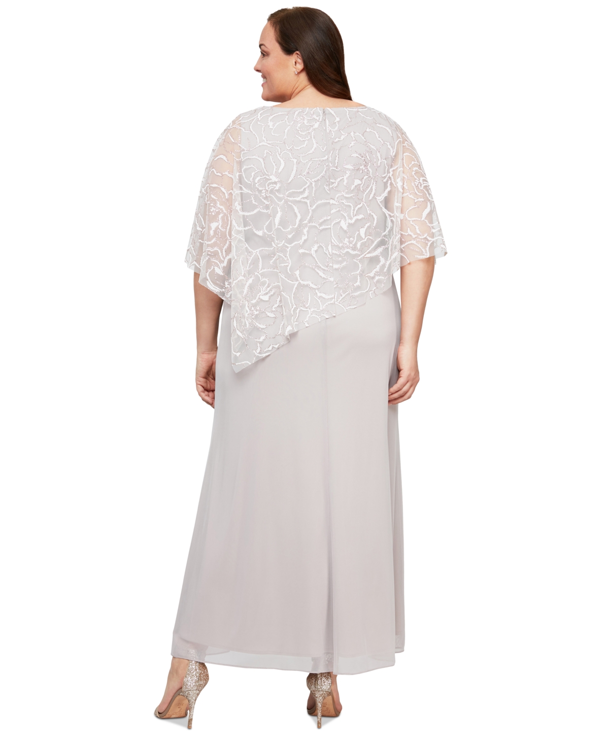 Sl Fashions Plus Size Asymmetrical Glitter Cape Gown In Gray