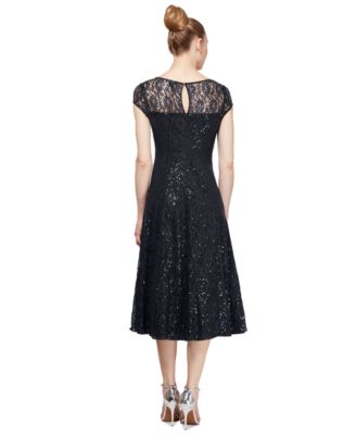 Petite Sequined Lace Cap-Sleeve Dress