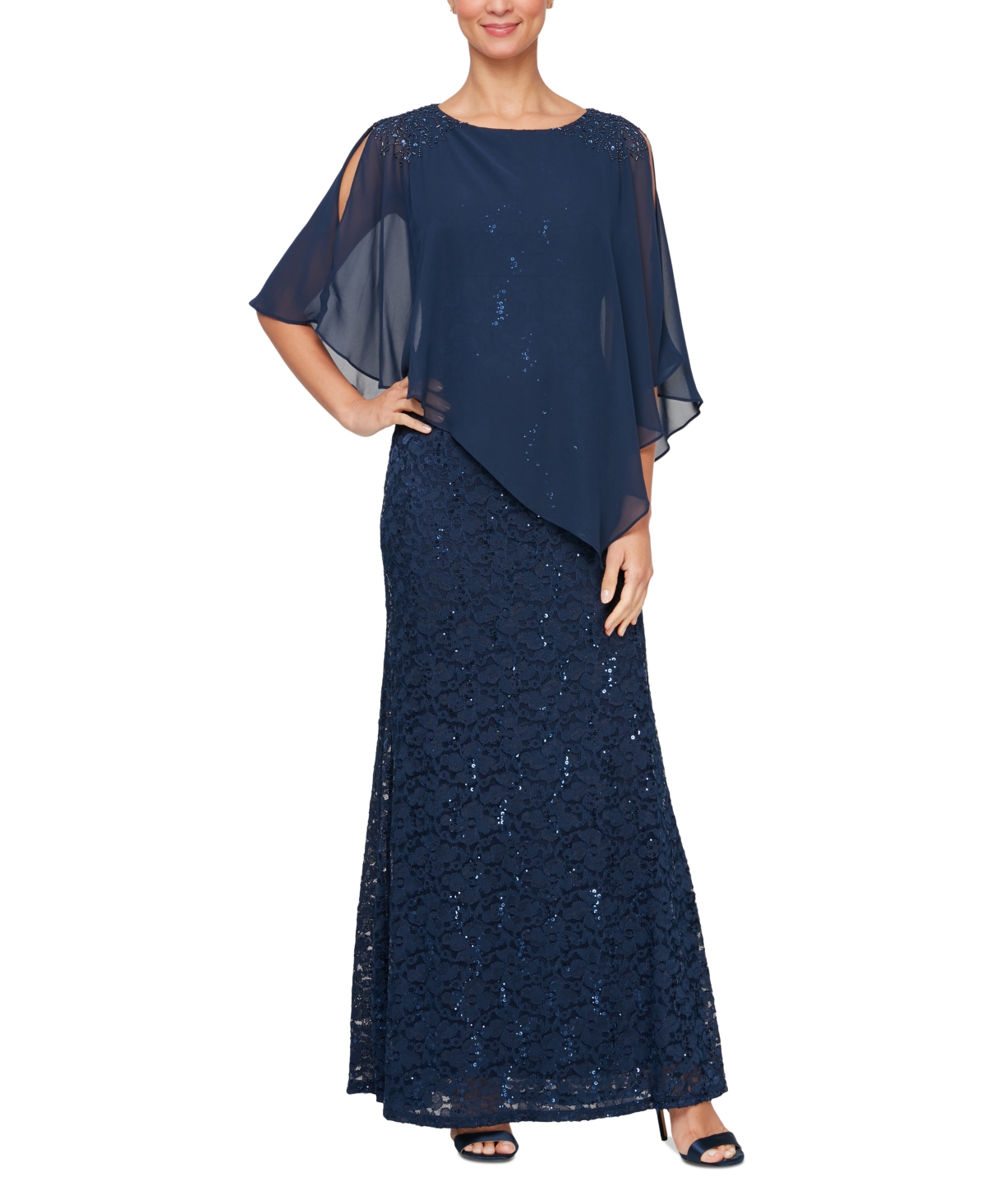 Petite Round-Neck Sequin Lace Cape Dress - New Navy