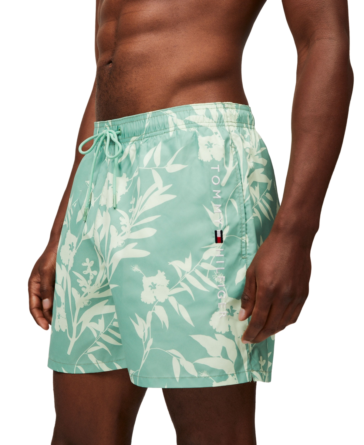 Tommy Hilfiger Men's Ombre Medium Length Drawstring 5" Swim Trunks In Floral Tropic Aop Fort Green