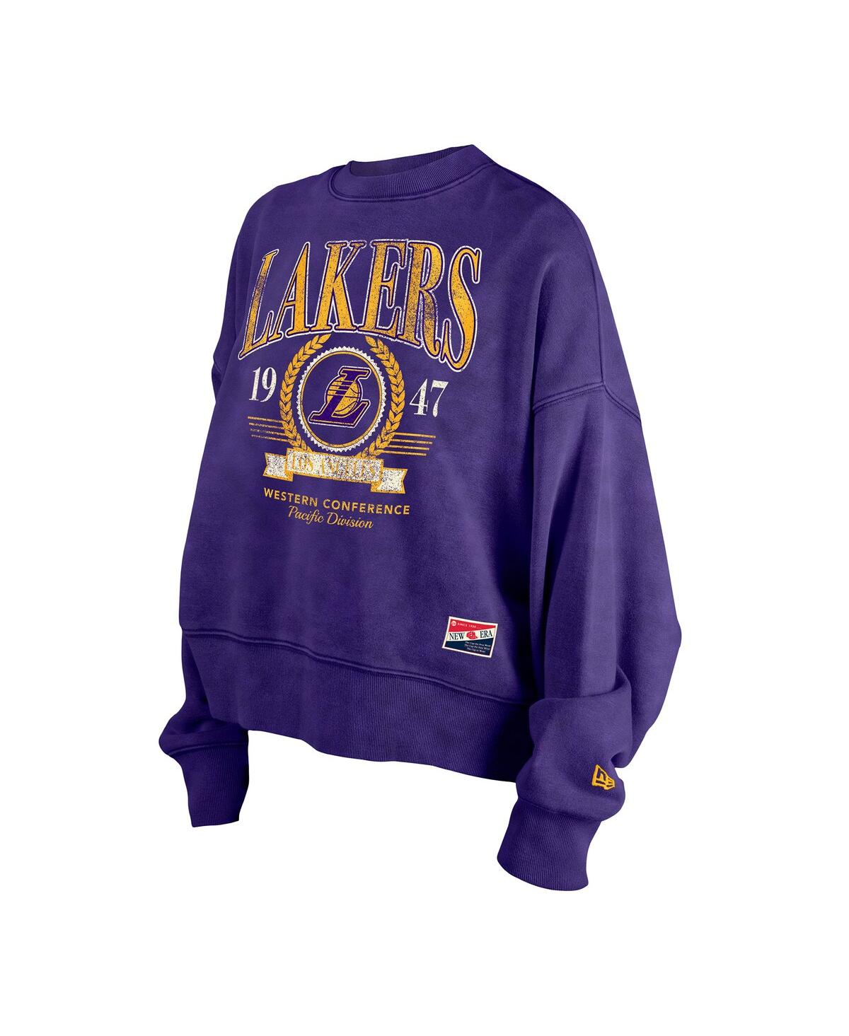 NEW ERA WOMEN'S PURPLE LOS ANGELES LAKERS HARDWOOD CLASSICS ENZYME WASH OVERSIZED BOXY PULLOVER SWEATSHIRT 
