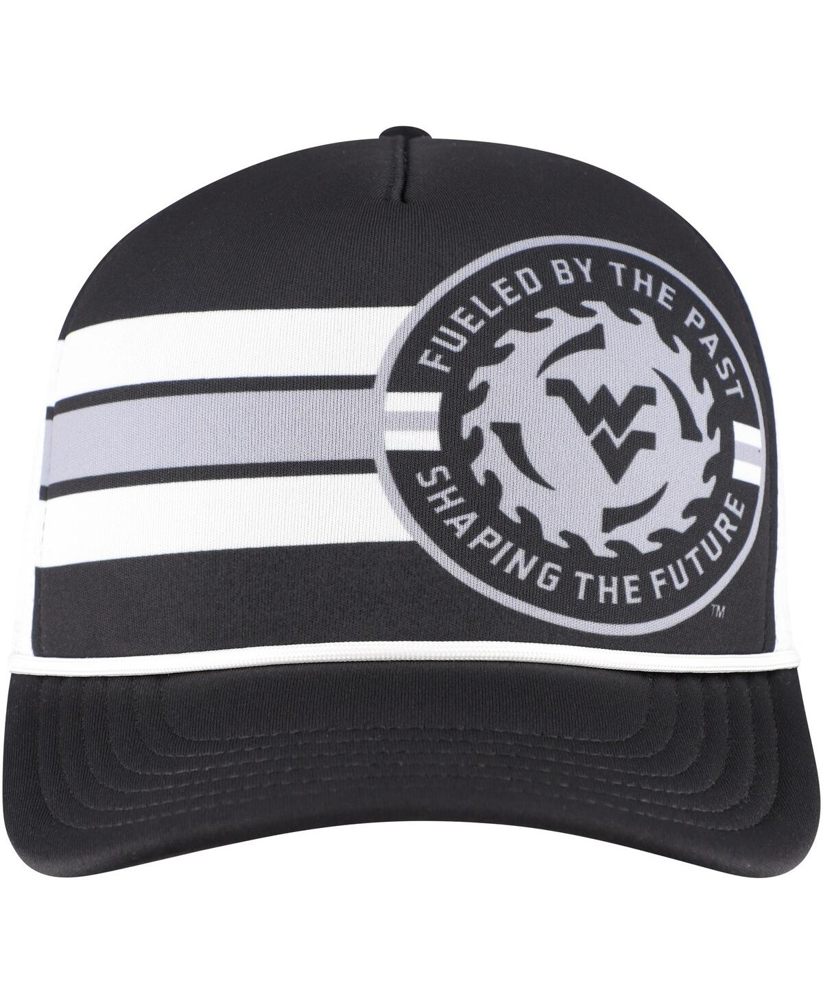 LEGACY ATHLETIC MEN'S BLACK WEST VIRGINIA MOUNTAINEERS BUILT ON BRAVERY RUNNING CIRCLE TRUCKER ADJUSTABLE HAT 