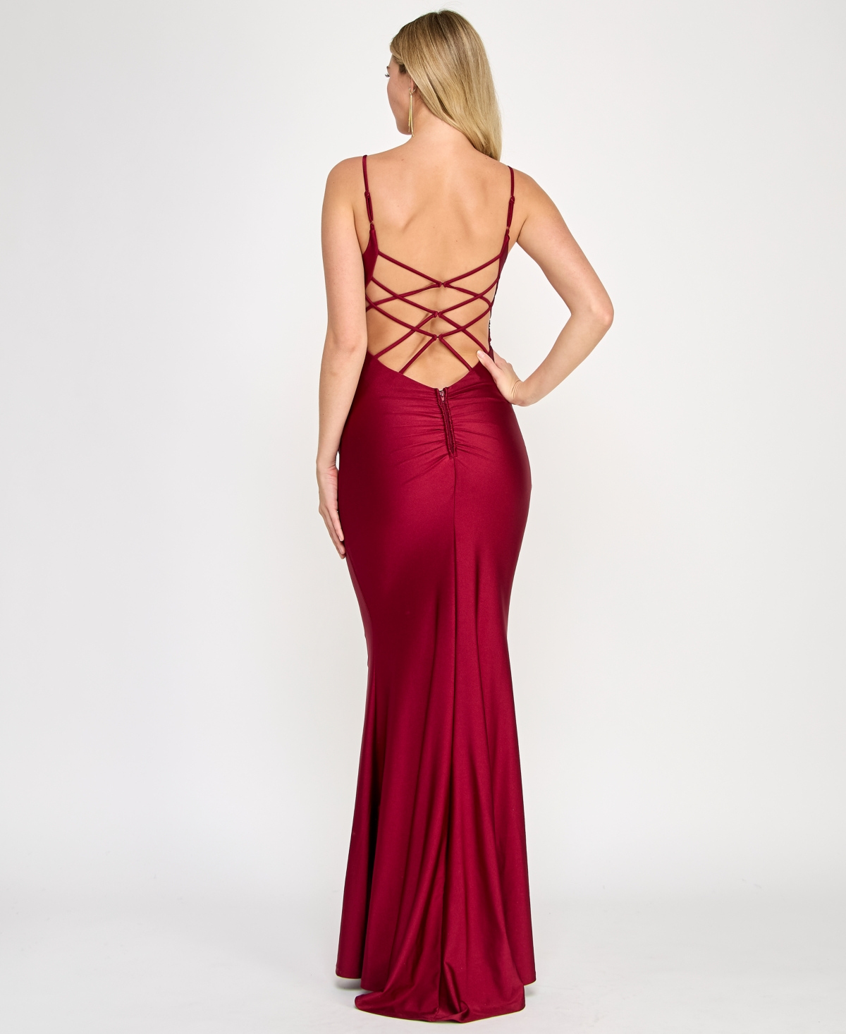 Crystal Doll Juniors' Ruched Strappy-back Satin Gown In Wine
