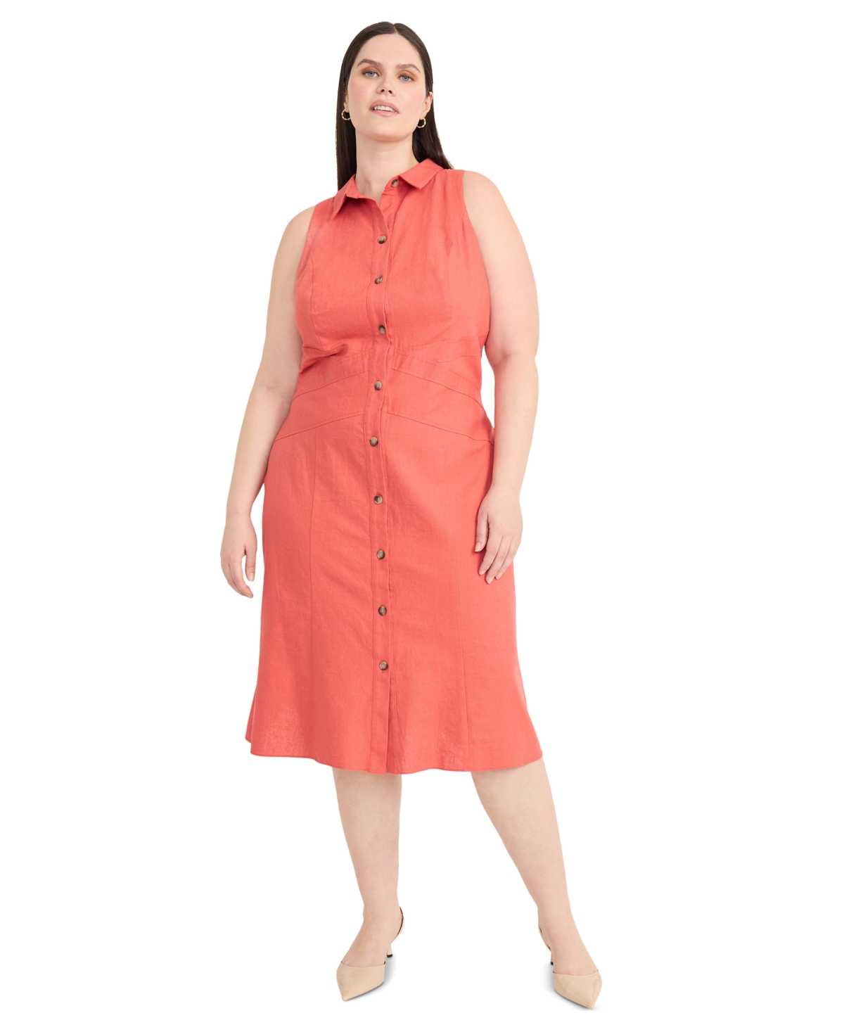 Plus Size Linen-Blend Midi Shirtdress - Mineral Red