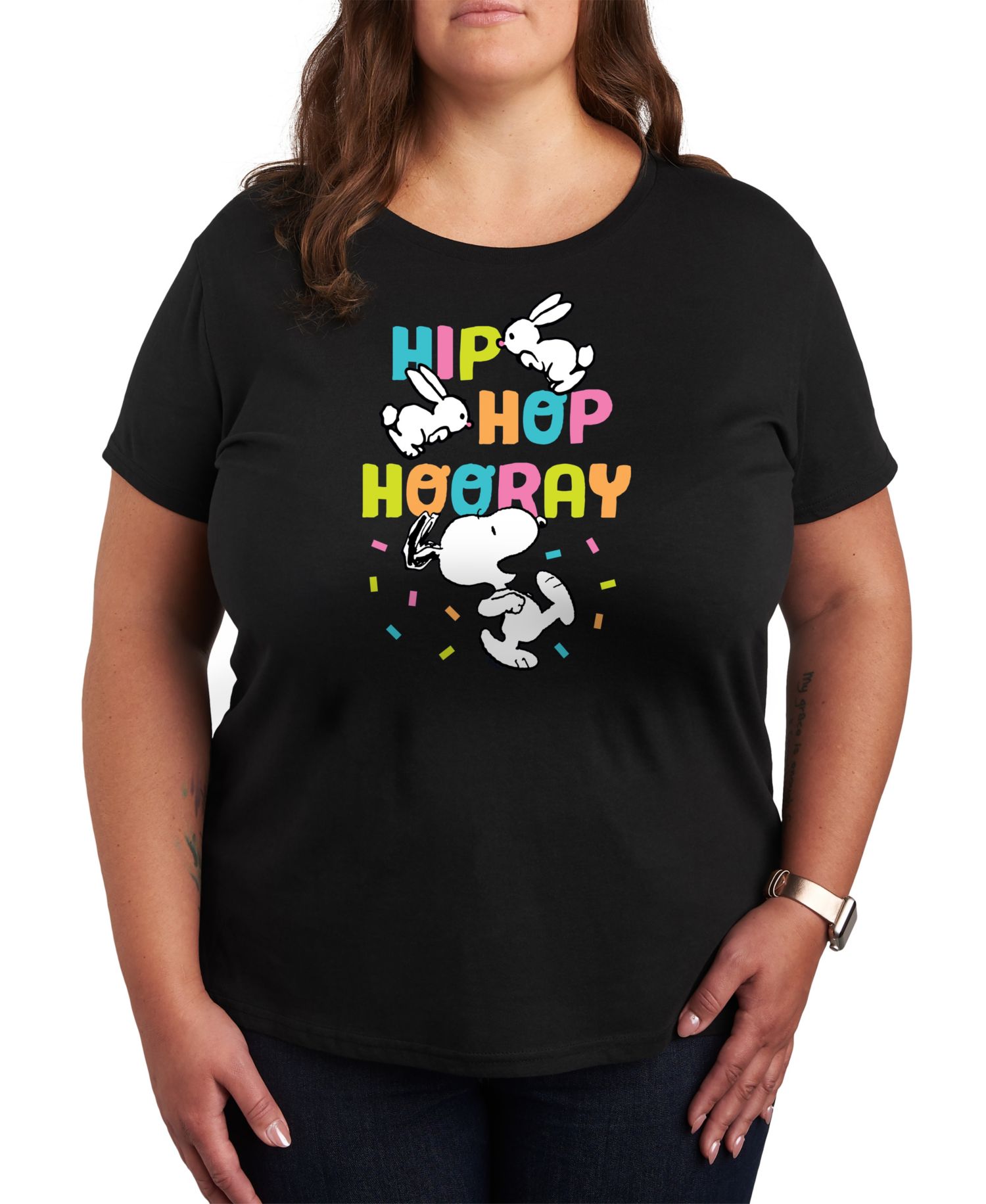 Trendy Plus Size Peanuts Hip Hop Hooray Easter Graphic Crew Neck T-Shirt