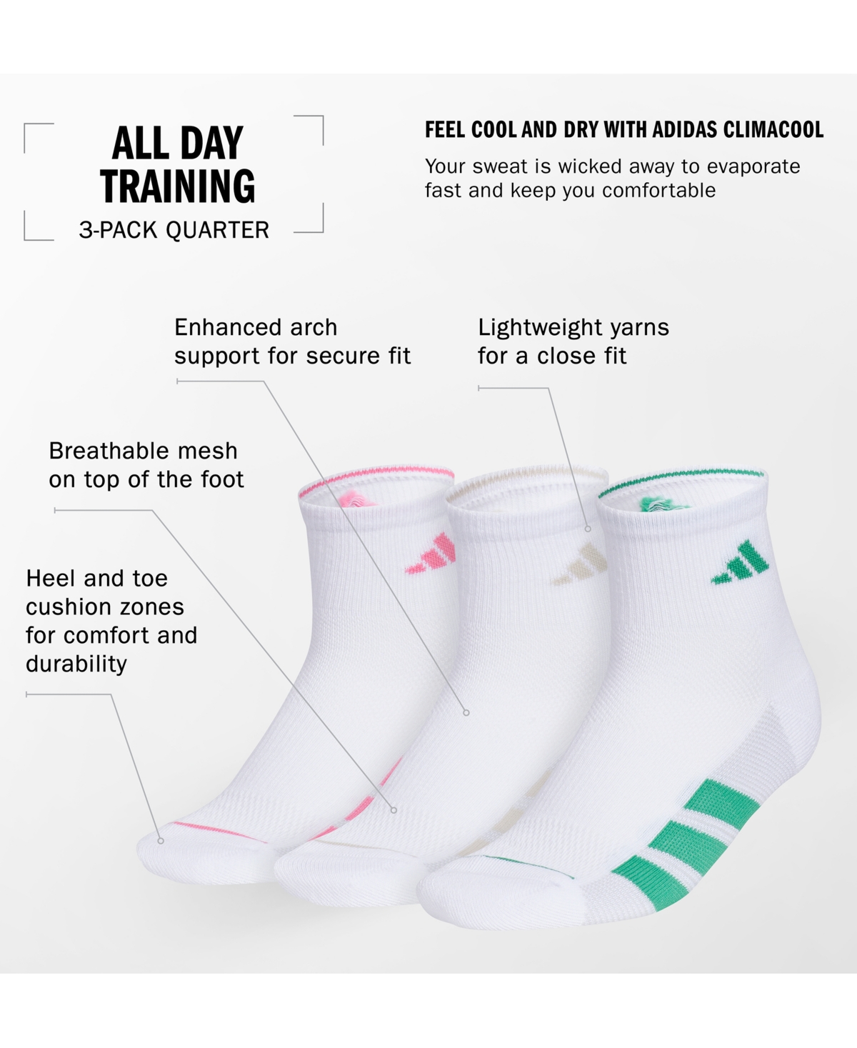 ADIDAS ORIGINALS WOMEN'S 3-PK. ALL DAY TRAINING QUARTER SOCKS 5159147A 