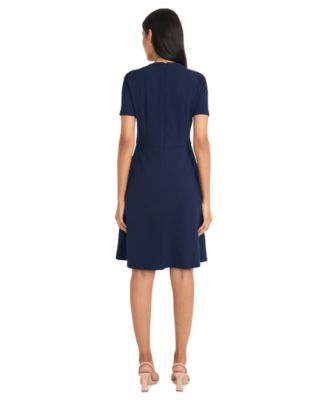 Women's Solid Asymmetric-Neck Flared Work Dress