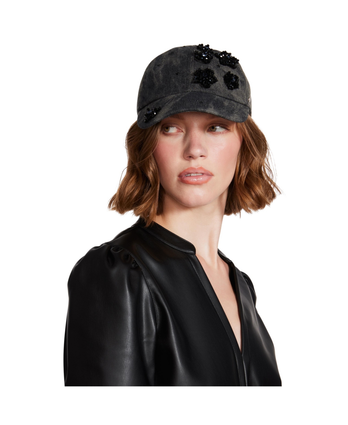 Steve Madden Denim Floral Embellishment Baseball Hat In Black