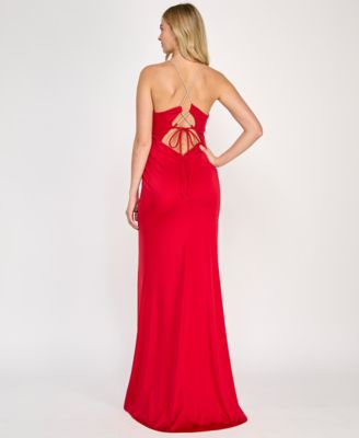 Juniors' Rhinestone Lace-Up-Back Satin Gown