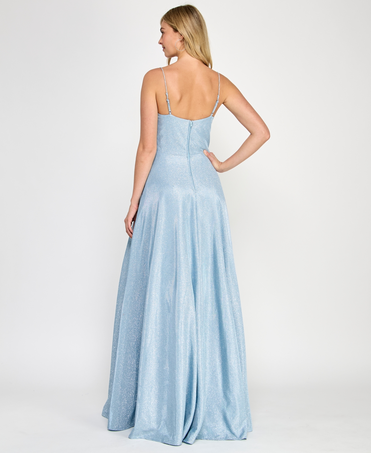 Crystal Doll Juniors' Rhinestone-strap Glitter Gown In Powderblue