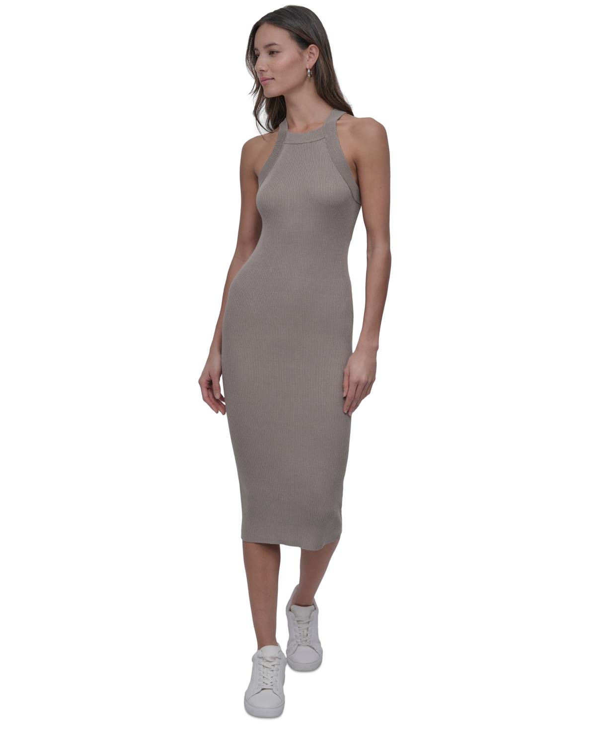 Women's Ribbed Knit Sleeveless Bodycon Dress - PBL - PEBBLE