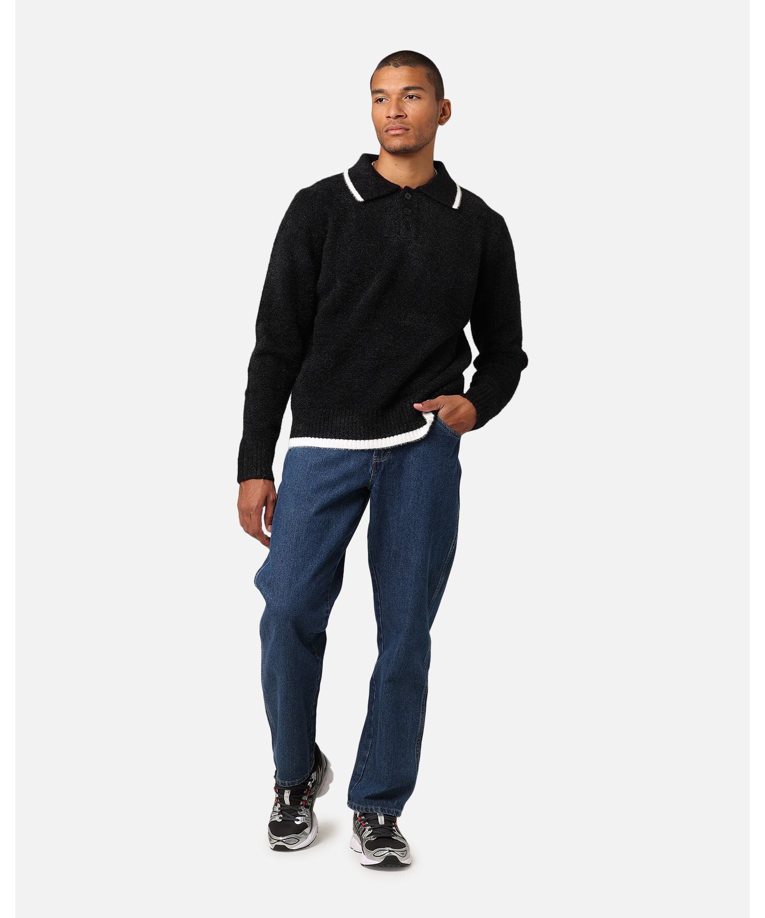 Men's Fluffy Long Sleeve Polo Shirt- Blue, 2XL