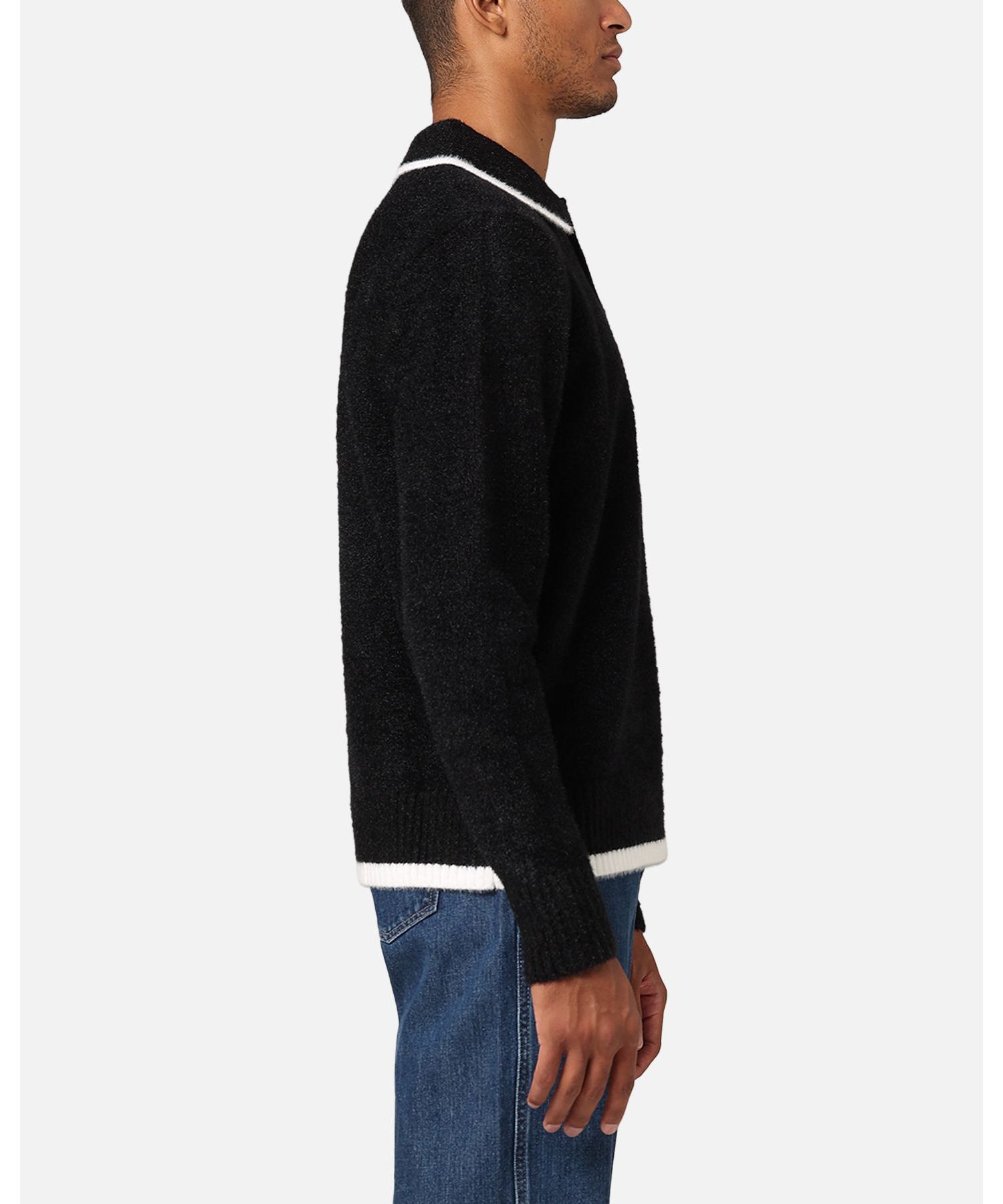 Men's Fluffy Long Sleeve Polo Shirt- Blue, 2XL