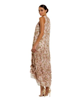 Women's Sleeveless Floral Print Chiffon Micro Ruffle Gown