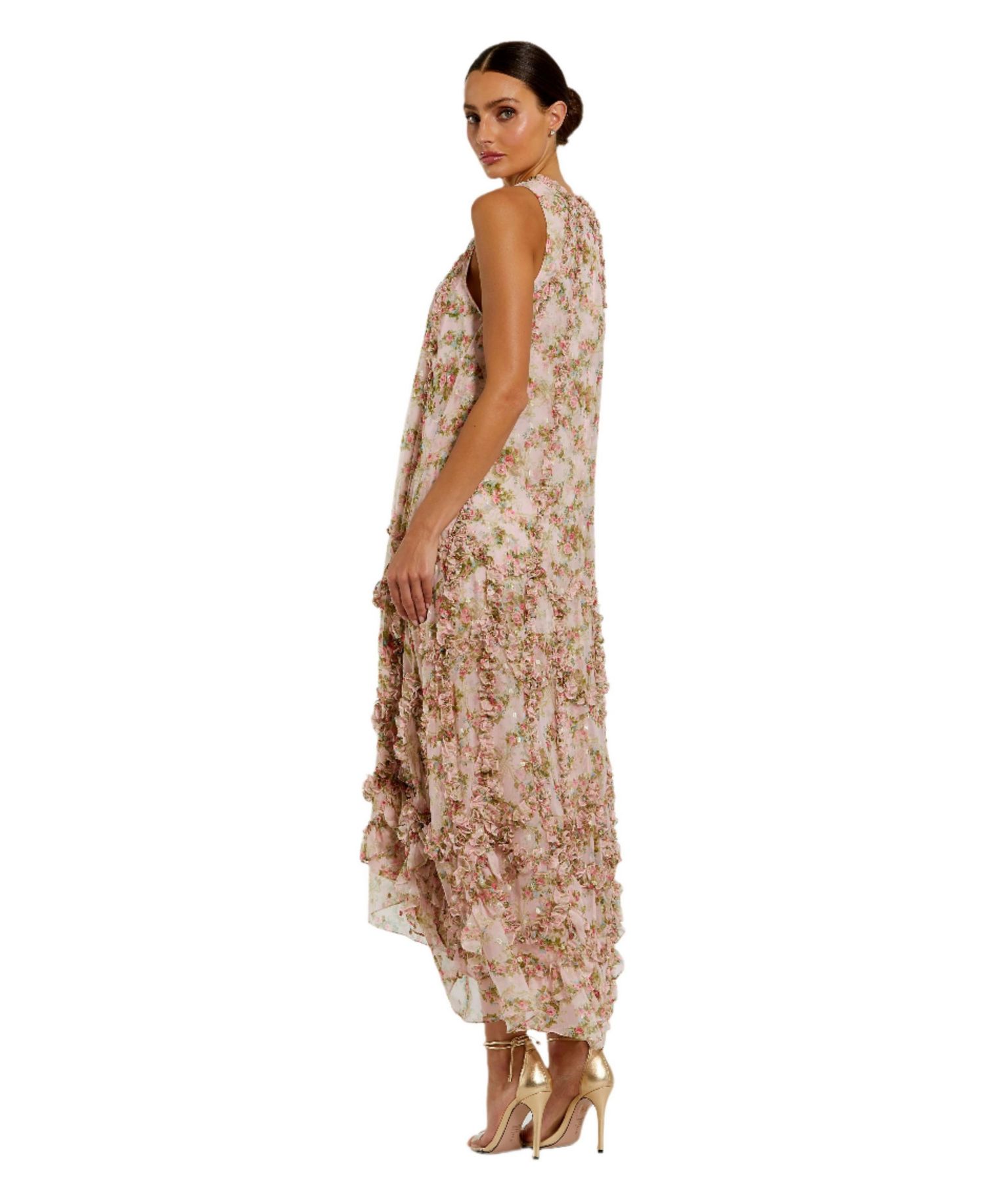 Women's Sleeveless Floral Print Chiffon Micro Ruffle Gown
