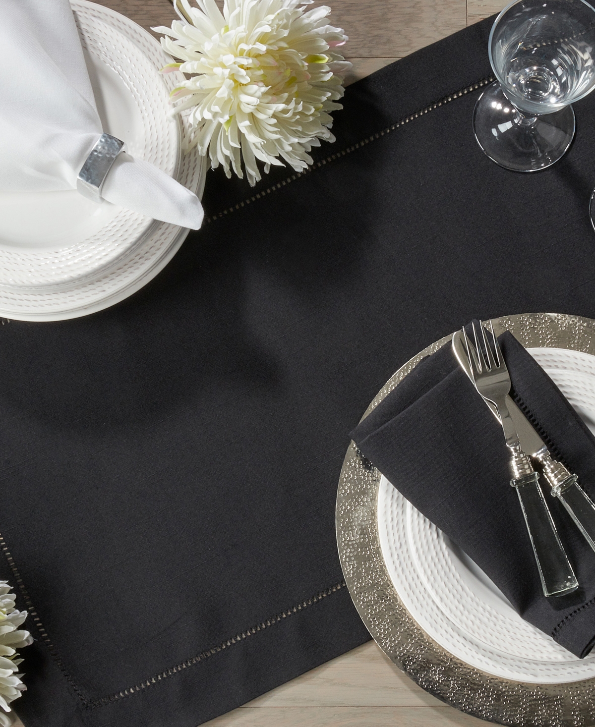 Saro Lifestyle Hemstitched Border Table Runner, 16" X 54" In Black