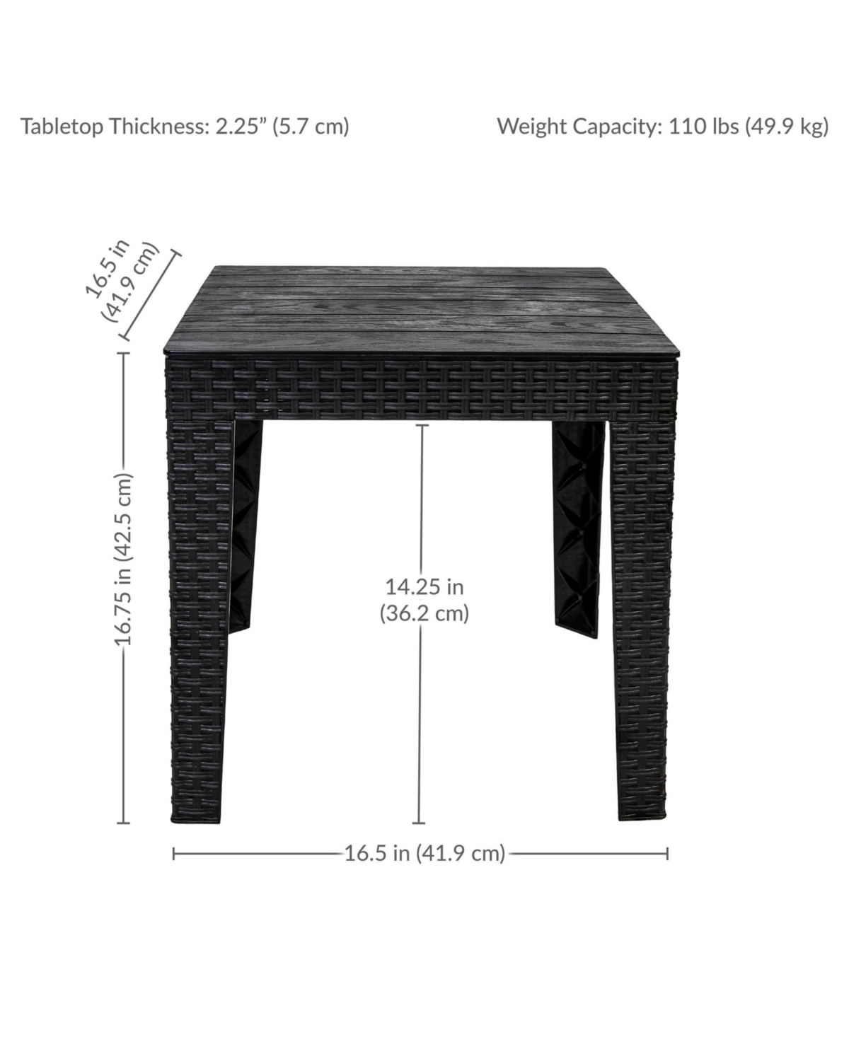 Square Patio Side Table - 16.75" Outdoor End Table - Weather-Resistant - Black Faux Plank Tabletop