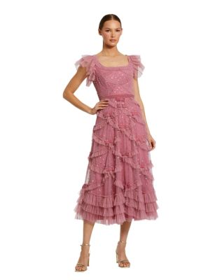 Women's Dot Net Sequin Ruffle Sweetheart Neck Midi Dress