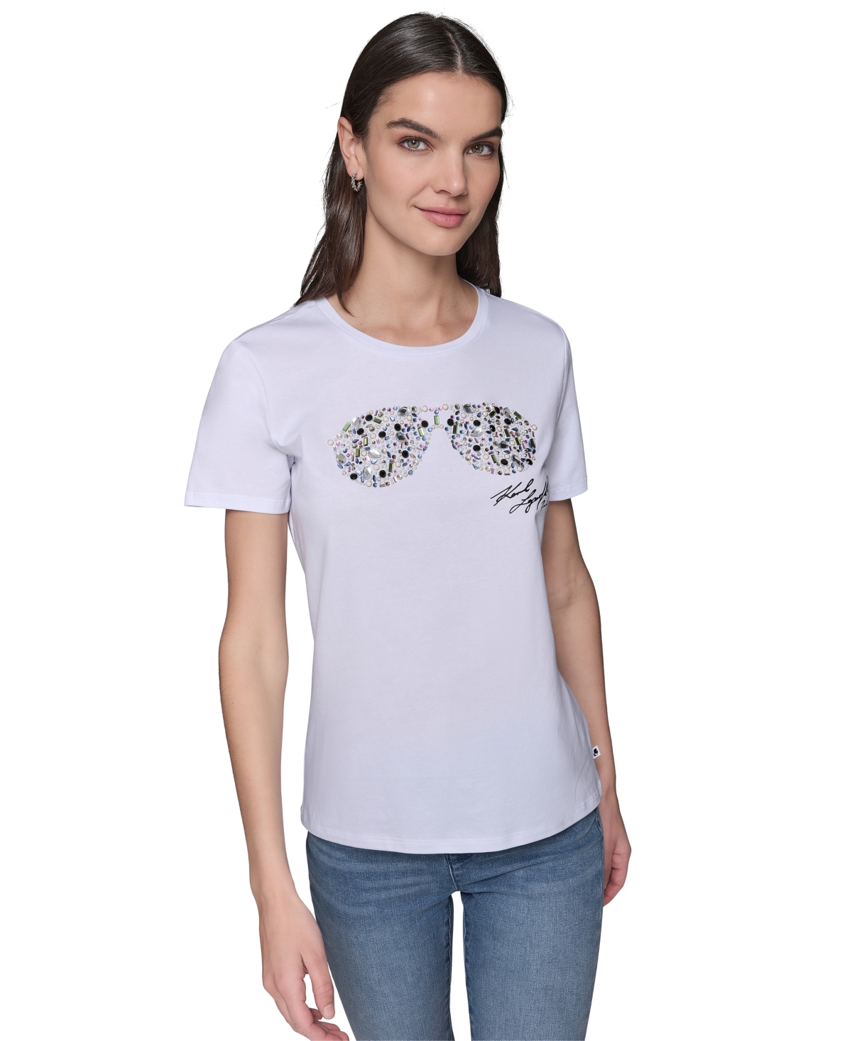 Women's Embellished Sunglasses Tee - White
