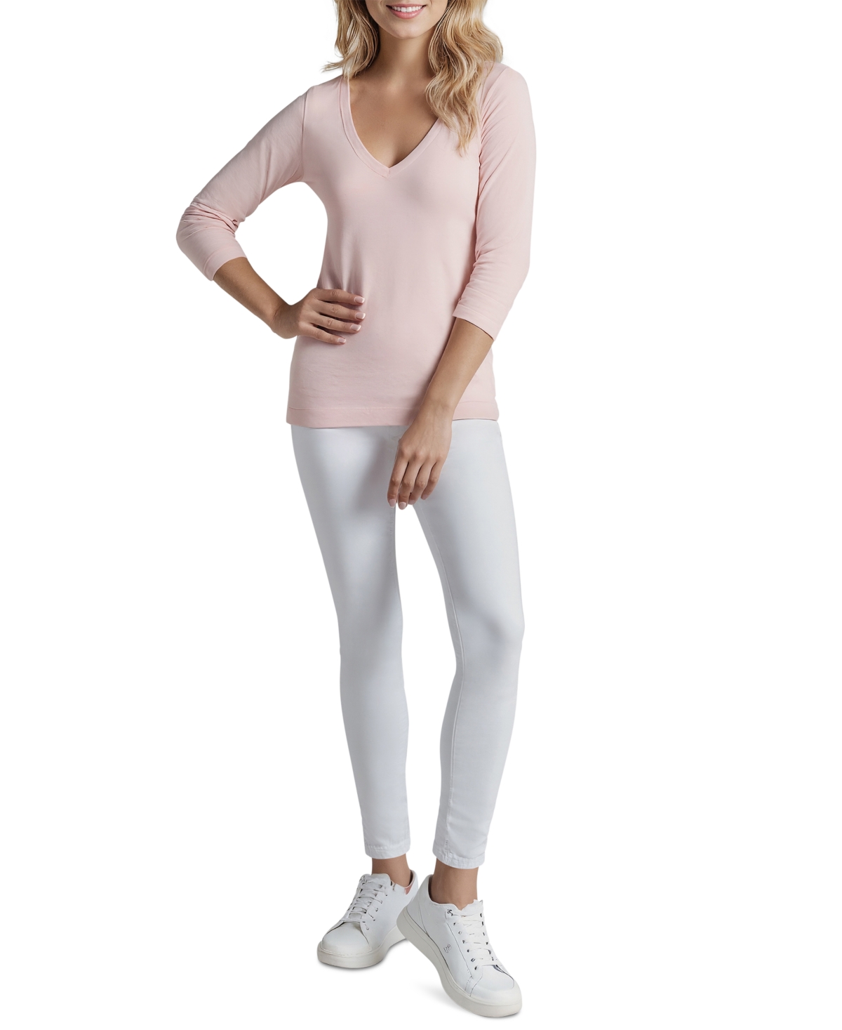 Three Dots Women's V-neck 3/4-sleeve T-shirt In Zephyr