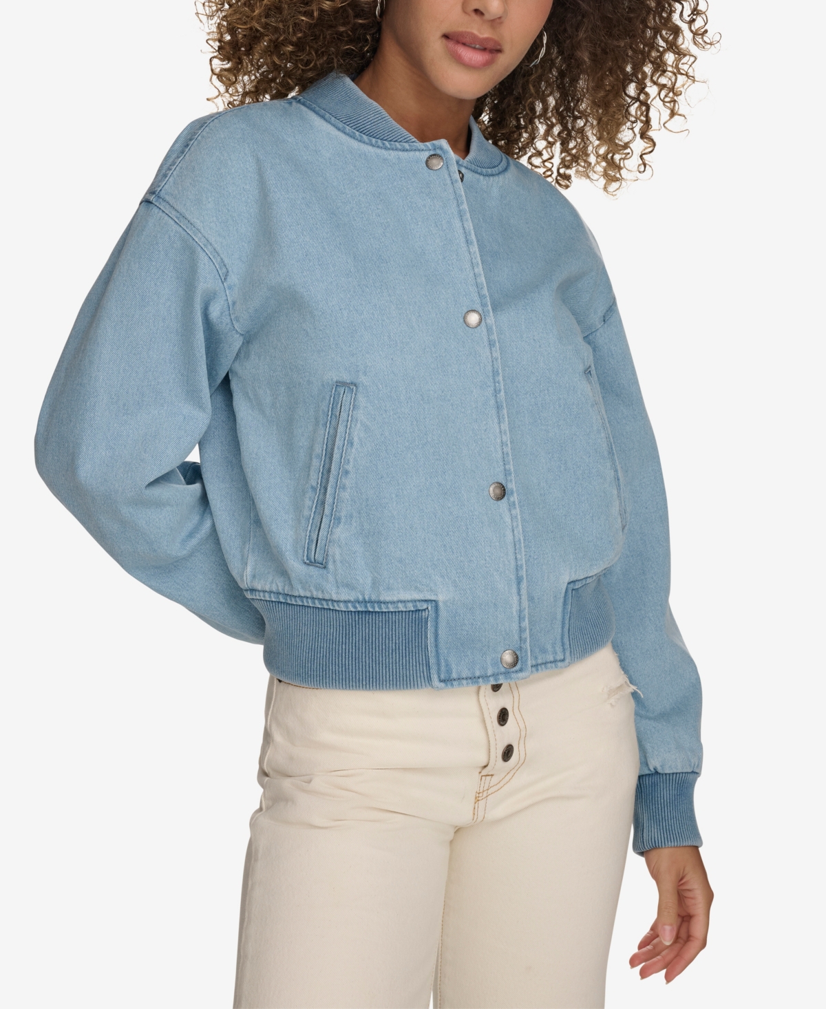 Levi's Women's Ribbed-edge Cropped Denim Bomber Jacket In Light Wash Denim