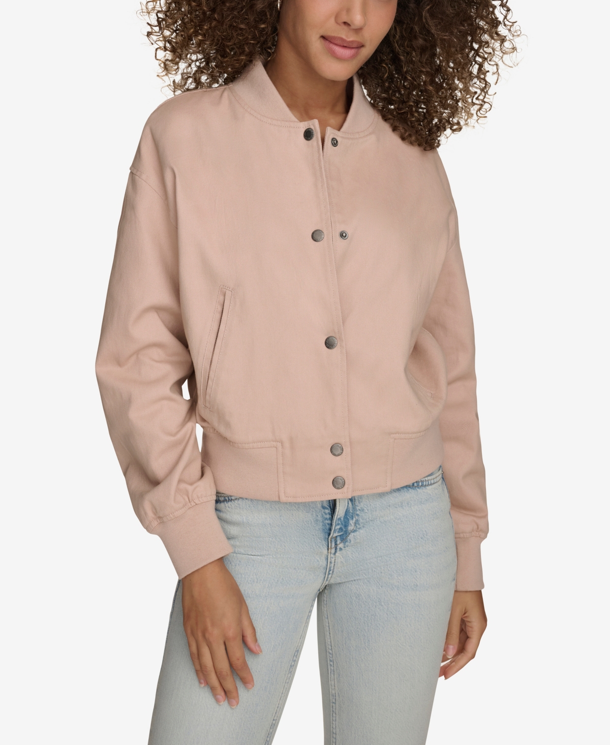 Women's Ribbed-Edge Cropped Denim Bomber Jacket - Light Pink