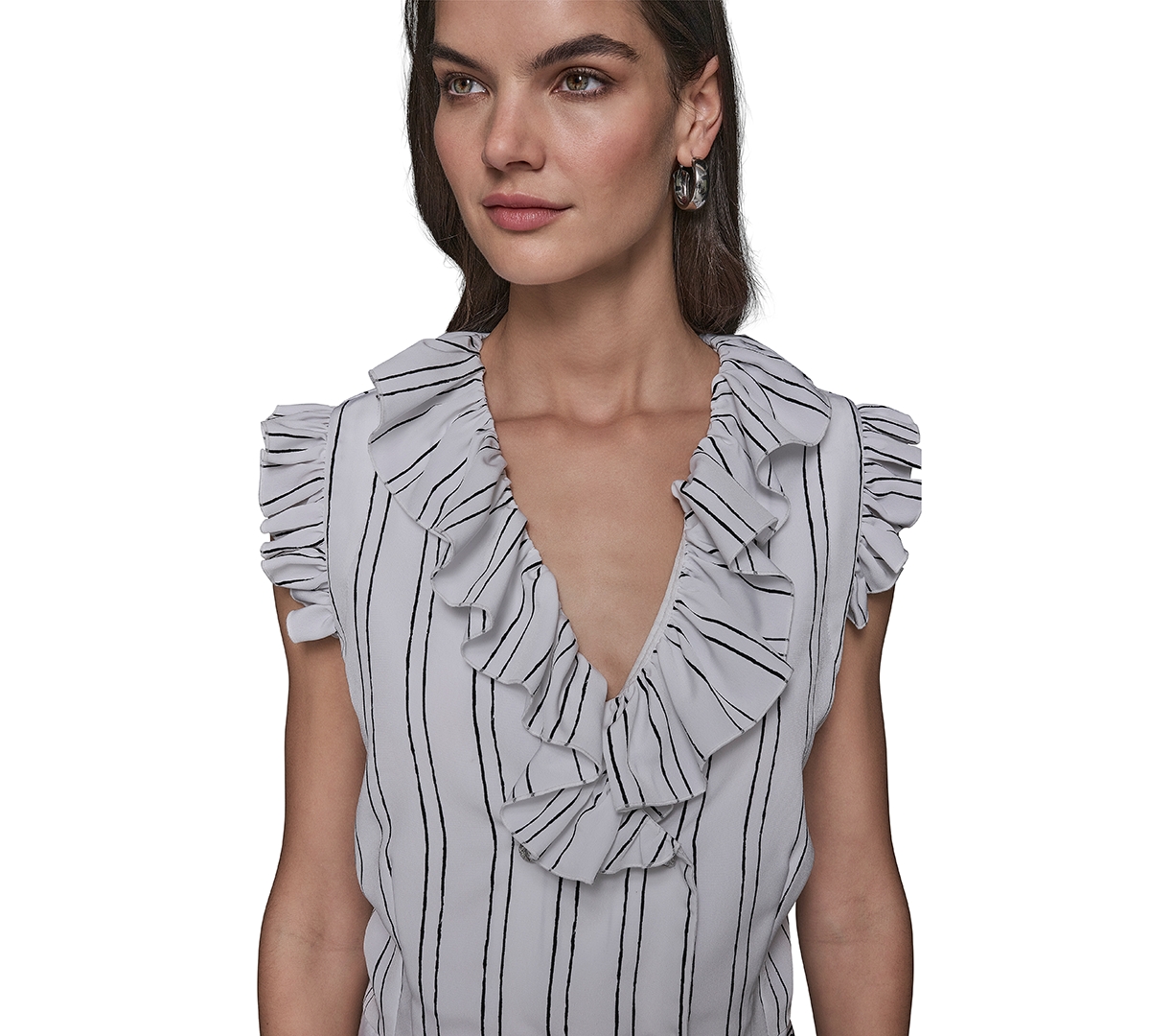 Shop Karl Lagerfeld Women's Ruffle-trim Striped Top In Soft White