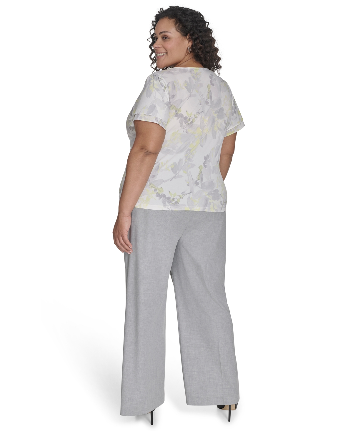CALVIN KLEIN PLUS SIZE PRINTED V-NECK FLUTTER SLEEVE BLOUSE 