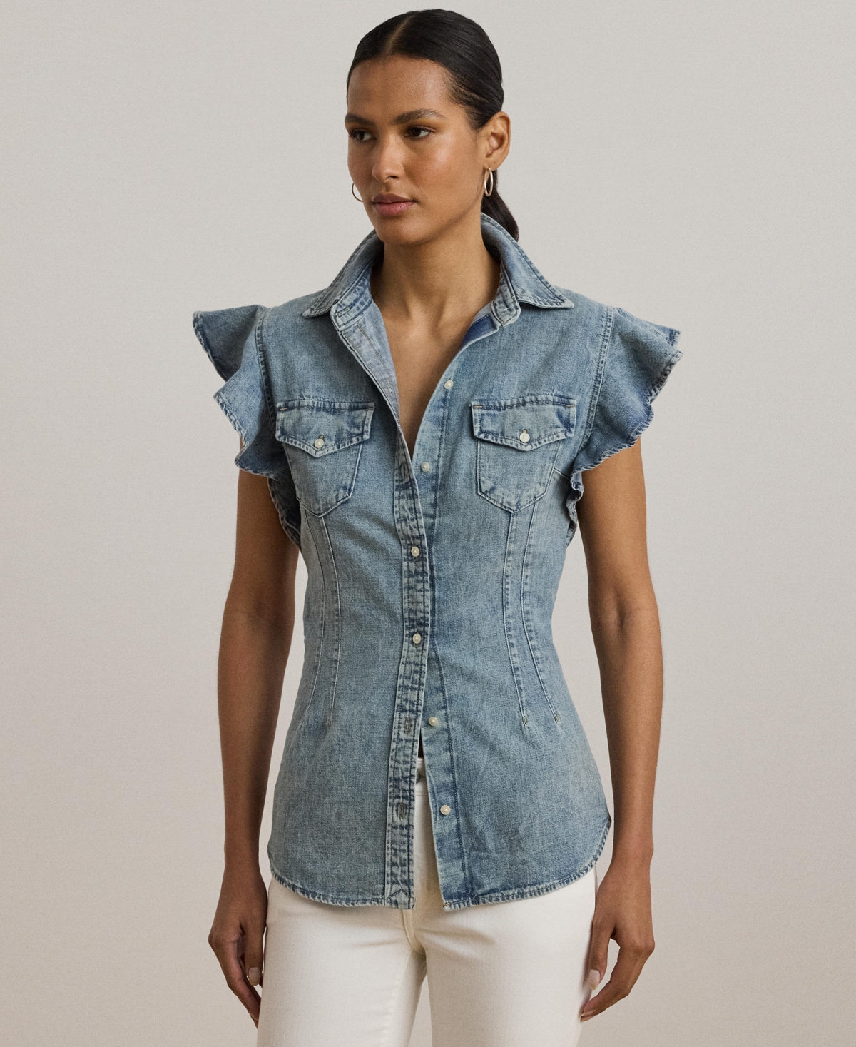 Women's Denim Flutter-Sleeve Shirt - Alicia Wash