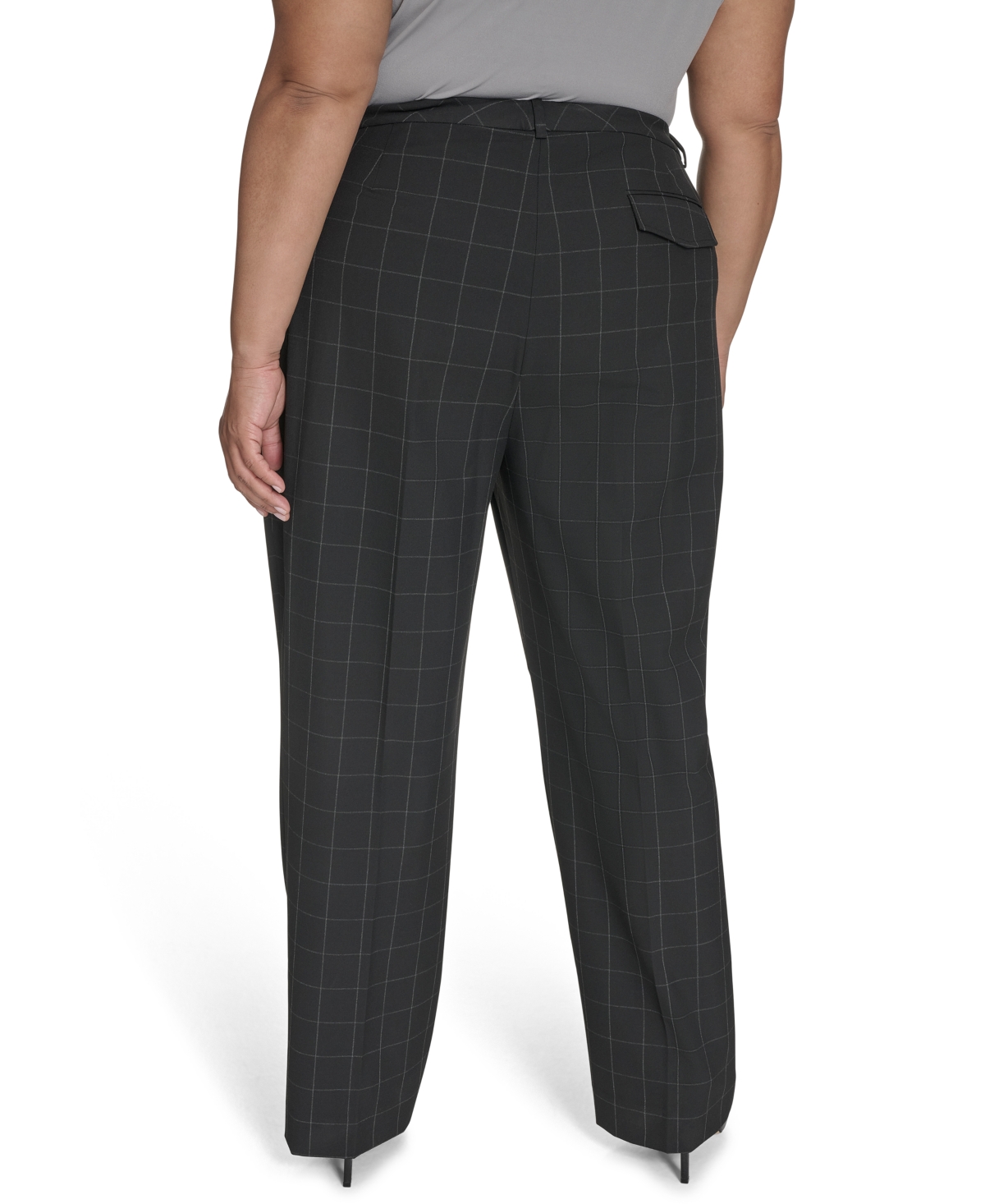 Calvin Klein Plus Size Windowpane Print Wide Leg Pants In Black,cream