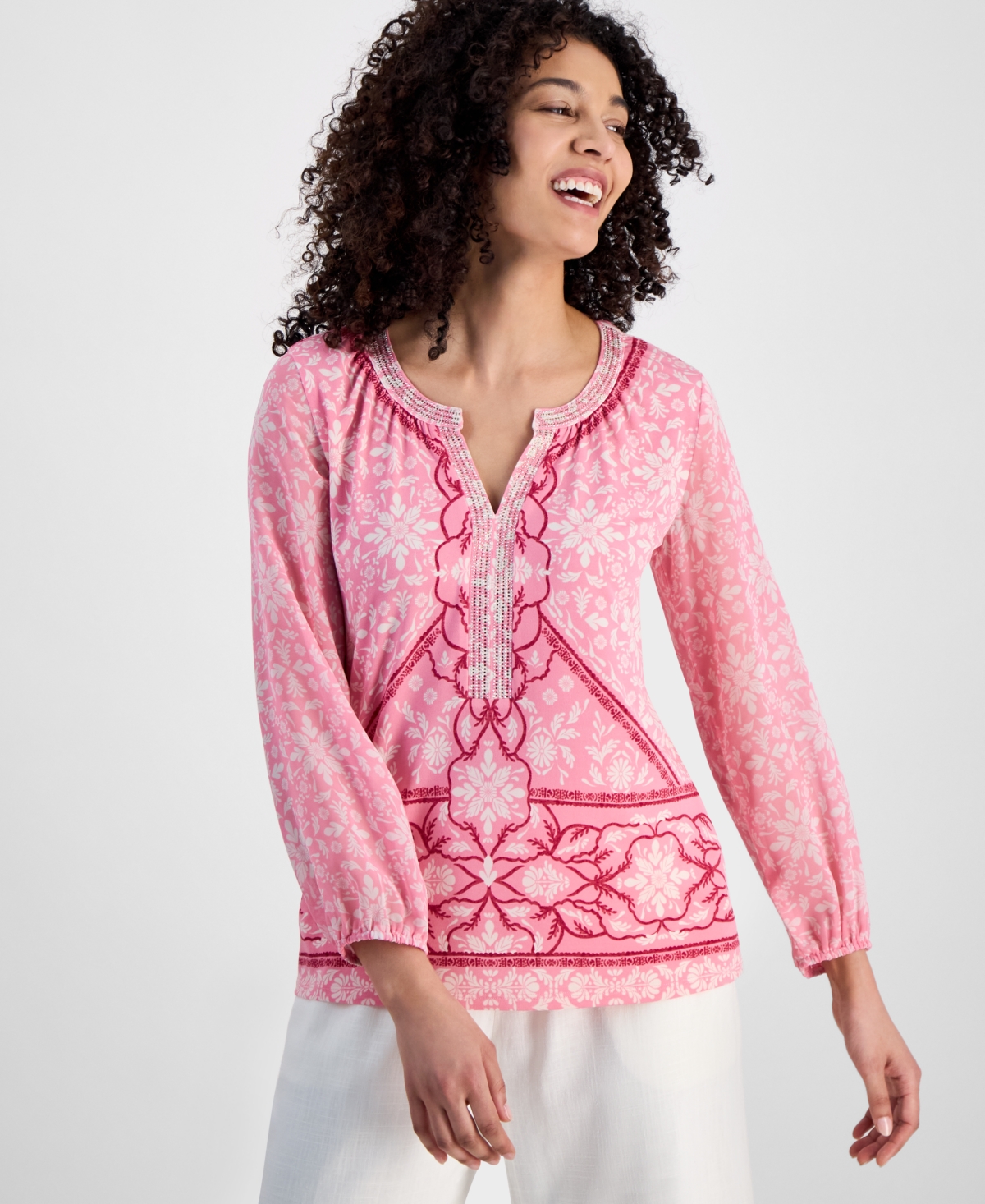 Petite Embellished Knit Chiffon-Sleeve Top, Exclusively at Macy's - Pink Petun