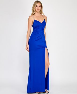 Juniors' Rhinestone Lace-Up-Back Satin Gown