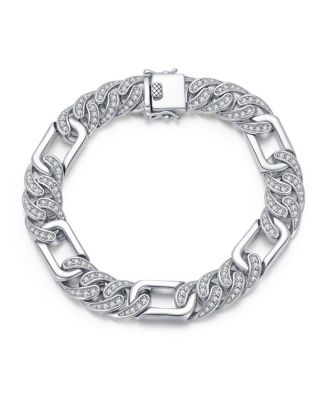 Men's Sterling Silver White Gold Plated with Iced Out Cubic Zirconia Oblong Curb Chain Bracelet