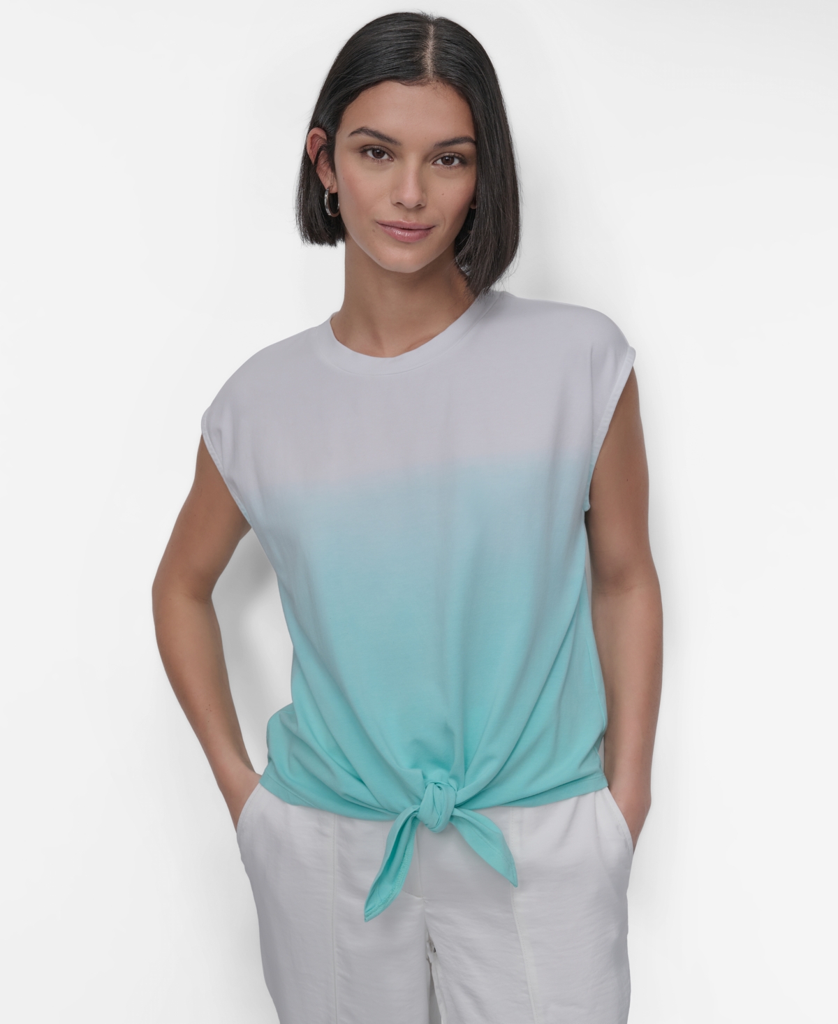Women's Sleeveless Ombre Tie-Front Blouse - Dip Dye Cornflower